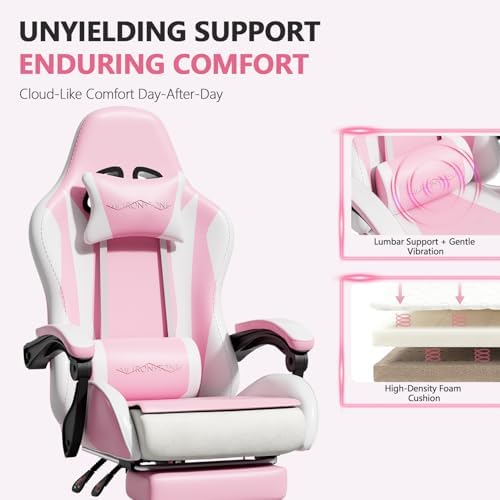 Mr IRONSTONE Pink Gaming Chair with Footrest, Ergonomic High Back Gamer Chair with Massage Lumbar Support, Reclining Video Game Chair with Adjustable Headrest, Swivel Computer Desk Chair