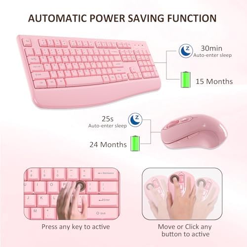 EDJO Wireless Keyboard and Mouse Combo, USB Plug & Play (Pink)