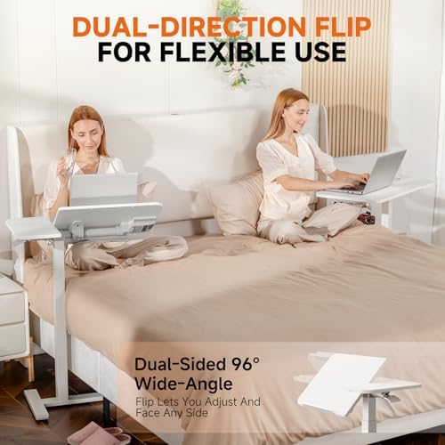 COMHOMA Tiltable Mobile Small Standing Desk, Pneumatic Adjustable Height Overbed Bedside Table with Wheels, Sit Stand Portable Rolling Laptop Desk Computer Workstations, White