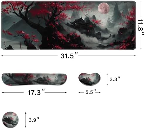 Desk Pad and Keyboard Wrist Rest,Janpense Large Mouse Pad + Keyboard Pad+Mouse Wrist Support, Non-Slip Desk Mat Protector for Office, Home 31.5×11.8 Inches Cherry Blossom