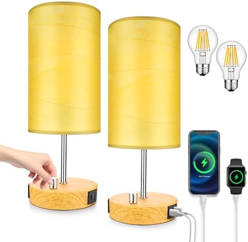 LTBLIGHT 2 Pack Gold Stepless Dimmable Bedside Table Lamp USB+AC Outlet
