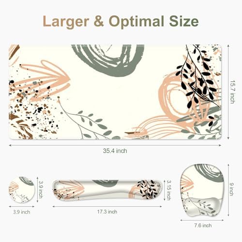 Large Mouse Pad with Wrist Support 4 in1 Set, XXL Big Game Mousepad + Keyboard Wrist Rest+Mouse Wrist Rest+Coaster Ergonomic Gaming Mat for Home Office Table Computer I Modern Boho Leaves