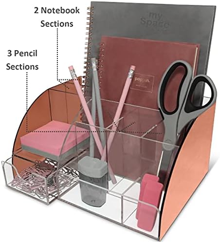 My Space Organizers Rose Gold Desk Organizer, Acrylic, 9 Compartments, Office Supplies Desk Accessories Organizer with Drawer, Pen Holder, Office Decor Desktop Organization (Rose Gold)