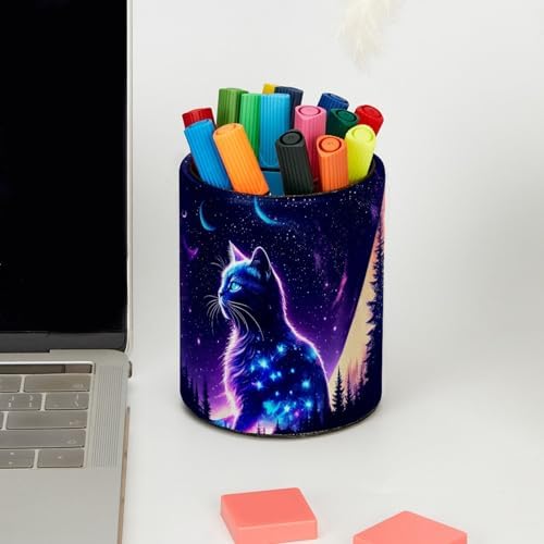 Fantasy Purple Starry Sky Cat Pen Holder Pencil Organizer Cute Pencil Cup Desk Decor Makeup Brush Holder PU Multifunctional Office Supplies for Home Classroom School