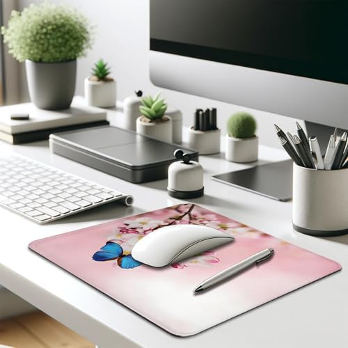 Pink Cherry Blossom & Blue Butterfly Mouse Pad, Japanese Sakura Desk Mat