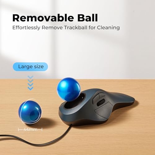 Wired Ergonomic Trackball Mouse for Large Hands, 44mm Index Finger Control