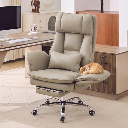 HUBSON Big and Tall Office Chair, Flip Armrest & Footrest for Pets, Khaki