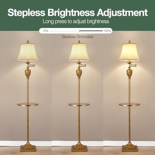 Traditional Floor Lamp with Tray, Remote Dimmable, 350° Swing Arm and Gold