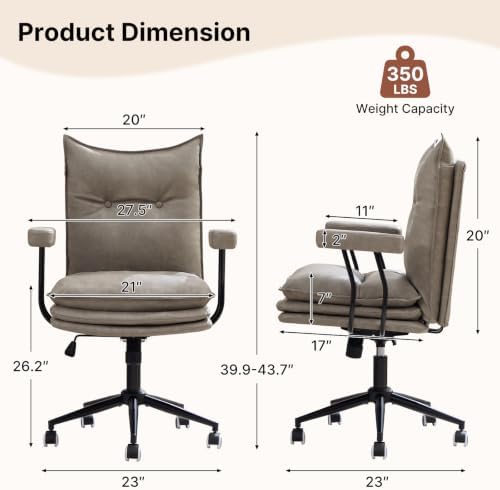 Leather Office Chair,Detachable Armrests,360°Swivel Mid Century Modern
