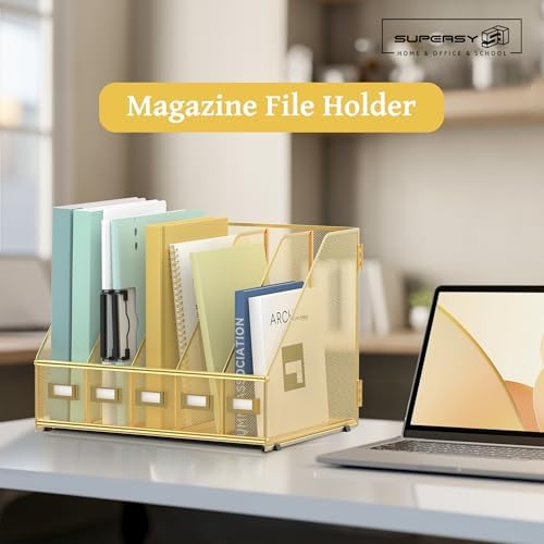 SUPEASY Desk Organizers Metal Desk Magazine File Holder with 5 Vertical Compartments Rack File Organizer for Office Desktop, Classroom, Home Workspace, Gold