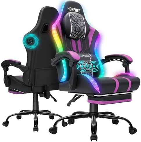 HOFFREE LED Gaming Chair with Bluetooth Speaker RGB Light Game Chair-Purple