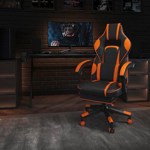 Flash Furniture X40 Gaming Chair Racing Ergonomic Computer Chair with Fully Reclining Back/Arms, Slide-Out Footrest, Massaging Lumbar - Black/Orange