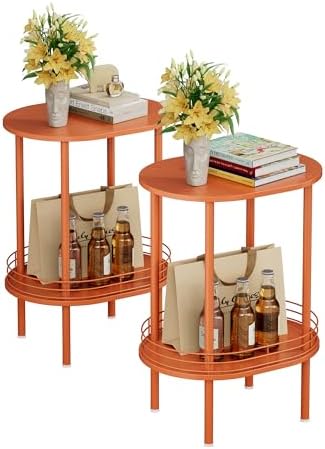Orange Oval Nightstand Set of 2, Small Modern Round Side Table with Storage