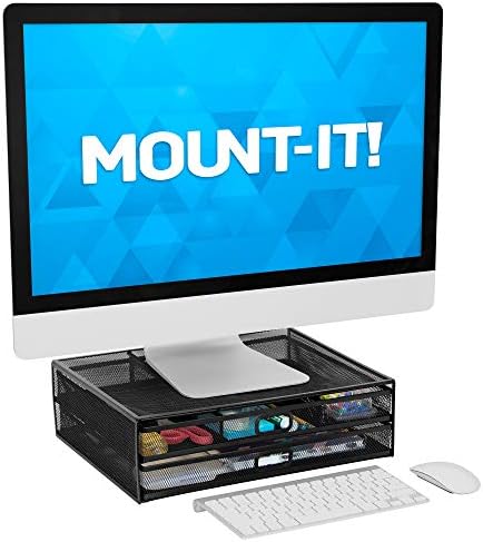 MOUNT-IT! Computer Monitor Stand With Drawers, Metal Mesh Riser and Organizer for Laptops and Computer Screens, Laptop, and Printer Accessories and Office Supplies (Black)