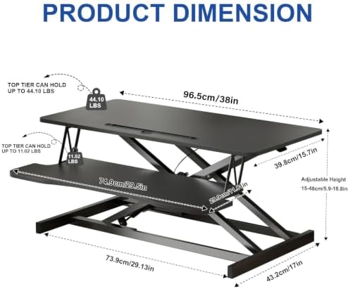 38-inch Standing Desk Converter, Height Adjustable 5.9-18.9in