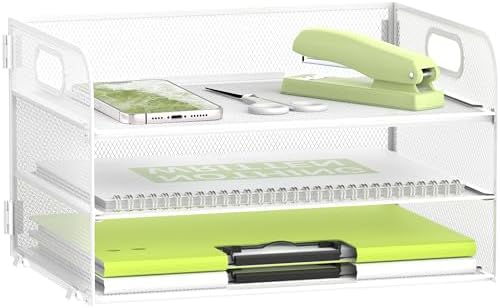 DALTACK 3 Tier Paper Organizer for Desk, Sliding Paper Trays, White