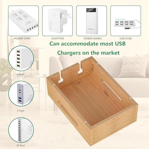 Bamboo Charging Station for Multiple Devices, Multi-Port USB Charger Organizer Stand for Phone, Earphone, Smart Watch, Desktop Cord Storage Holder for Home Office