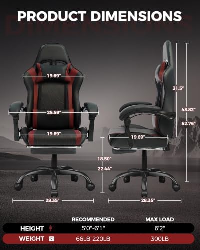 LUCKRACER Gaming Chair with Footrest, Pocket Spring Seat, 90°-135° Reclining Computer Chair with Linkage Armrests, Lumbar Support, Height Adjustment, SGS-Tested Gas Lift, 330 lbs Capacity, Red