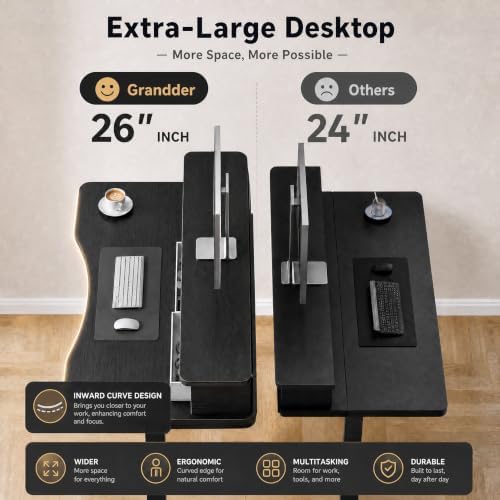 Grandder Electric Standing Desk with Two Drawers, Curved Sit to Stand Up Height Adjustable Desk with Storage Shelf for Home Office, 47 * 26 Inch, Study, Ergonomic Adjustable Computer Desk, Black