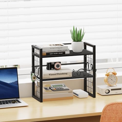 ELITEROO Desk Shelf Organizer, 2 Tier Wooden Desktop Bookshelf, Black