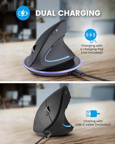 Perixx PERIMICE-813RX Wireless Rechargeable Vertical Mouse - Multi-Device spec - Duo Wired and Wireless Charging Feature -The Included Charger Compatible with iPhone, AirPods, and AirPods Pro