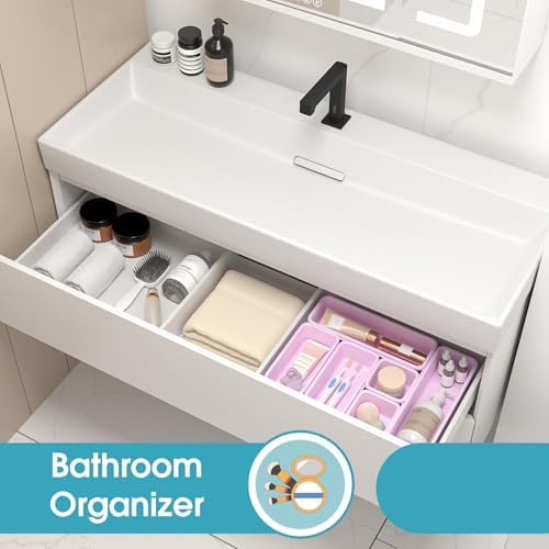 6 PCS Drawer Organizer Set, 3 Size Makeup Drawer Divider Organizer With Non-Slip Pads, Interlocking Plastic Storage Bins for Office,Jewelry Vanity,Gadgets, Bathroom,Kitchen, Purple