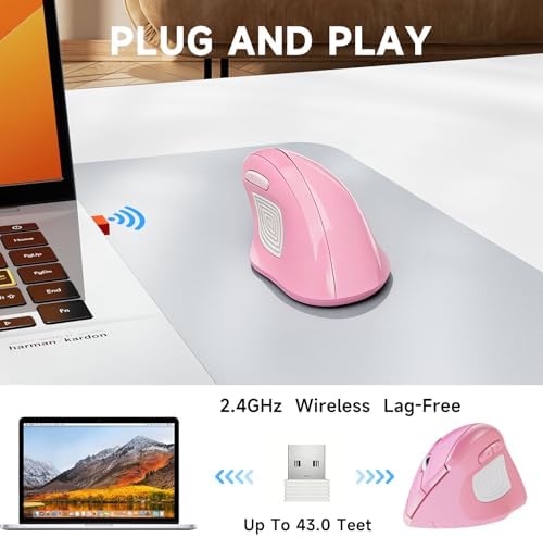 memzuoix Ergonomic Wireless Mouse, 2.4G Optical Cordless, 800/1200/1600 DPI, Vertical Computer Mouse for Laptop, Mac, PC, Desktop (Right Hand, Large) - Pink
