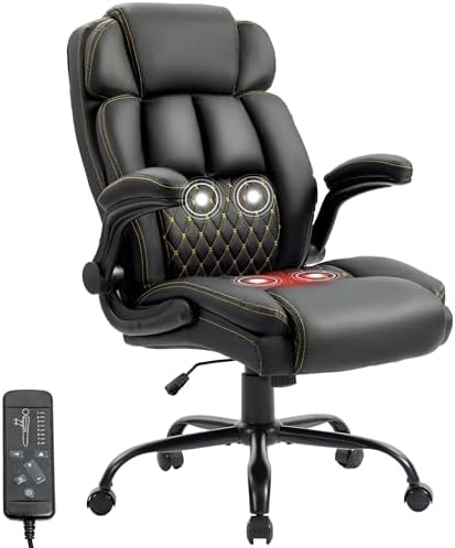 Massage Office Chair,500LBS Ergonomic Rocking Executive Desk Chairs with 4 Points Vibration&Heat,Padded Flipup Armrests for Big and Tall Office Chair,Swivel Computer Chair Black