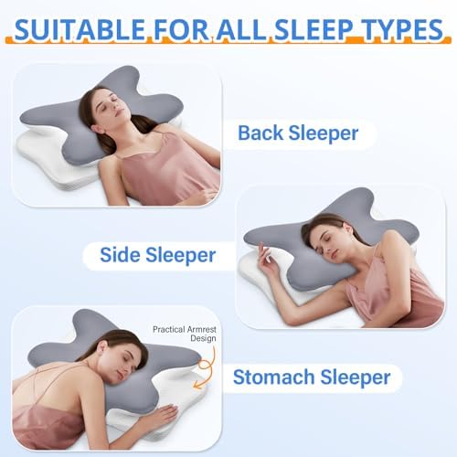 Cervical Neck Pillow, Ergonomic Memory Foam Pillows for Neck Pain Relief with Breathable Pillowcase, Adjustable Contour Neck Support Pillow for Side Back Stomach Sleepers, Gray