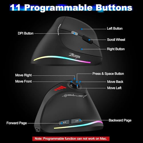 TRELC Wireless Gaming Mouse with 5 D Rocker, 24000 DPI/11 Programmable Buttons, Vertical Ergonomic Mouse for 2 Devices Connection (BT+2.4GHz), Rechargeable Mice for PC/Laptop/E-Sports/Gamer