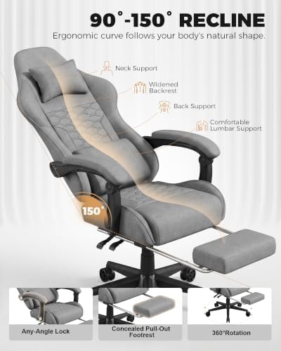 LUCKRACER Gaming Chair with Footrest and Pocket Spring Cushion, 90°-155° Reclining Ergonomic Computer Chair, 4" Height Adjustable, Lumbar Support, SGS Class 3 Gas Lift, Light Gray