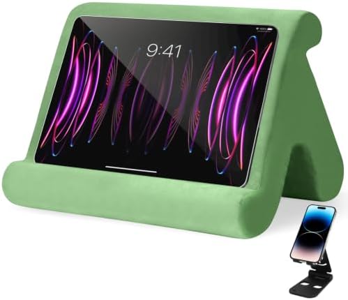 Universal Multi-Angle Tablet Stand Holder-Soft Pad Stand with black phone holder for Lap,Knee,Sofa and Bed,Compatible with iPad Pro 9.7,10.5,12.9 Air Mini 4 3,Kindle,Galaxy Tab,E-Reader (Green)