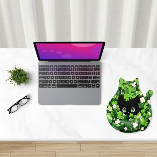 Ergonomic Mouse Pad with Wrist Rest, Cute Cat Memory Foam Padded Pain Relief Non-Slip Wrist Support Mouse Mat for Gaming Work Computer Laptop, Funny Office Supplies Desk Accessory, Cat in Leaf