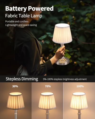 KDG Nickel Cordless Table Lamps Set of 2, Beige Fabric Shade Desk Lamp