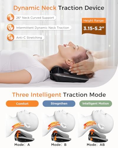 Multi-Functional Cervical Traction Device, Dynamic Neck Massager with Pulsed Electrotherapy & Heat Therapy, 3 Modes&12 Intensities, Neck Stretcher to Relieve Neck Stiffness, Home &Office Use