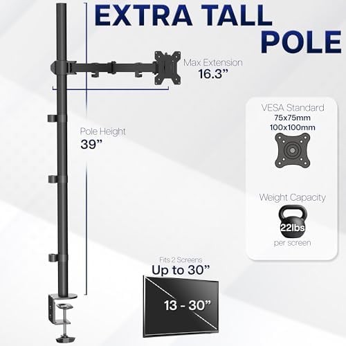 VIVO Extra Tall Single Monitor Desk Mount, 39 inch Pole VESA Stand for 13 to 32 inch Screens and up to 38 inch Ultrawides, Holds 22 lbs, Black, STAND-V011