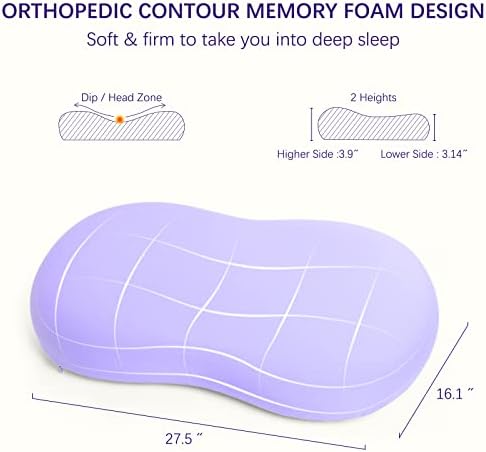 Memory Foam Pillows - Cervical Neck Pillows for Pain Relief, Ergonomic Contour Pillow for Side Back Stomach Sleepers (Purple)