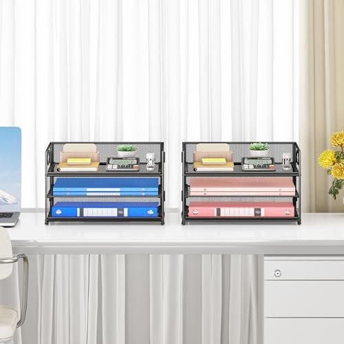 Subekyu 2-Pack 3-Tier Paper Letter Tray Organizer for Desk, Black Metal Mesh File Sorter Organizer with Handle and 1 PC Sliding Tray for Home Office School Desk Supplies Organization Storage