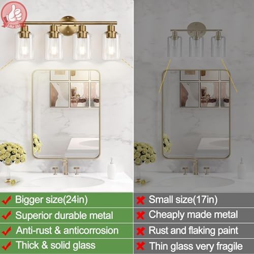 Zarbitta 4-Light Bathroom Light Fixtures, Brushed Brass Modern Vanity Lights with Cyan Glass Shades, Bathroom Wall Lamp for Mirror Kitchen Living Room