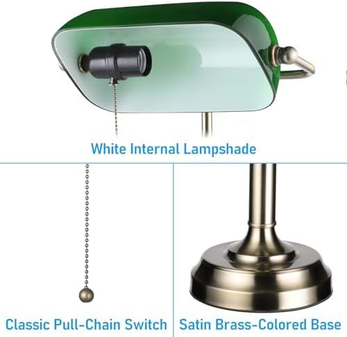 TORCHSTAR Green Glass Bankers Desk Lamp with Pull Chain, E26 Base