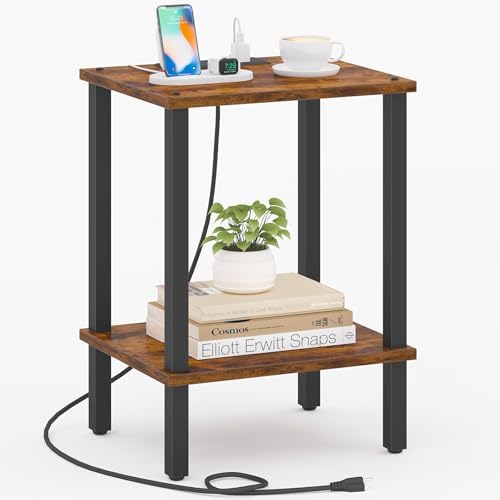 TUTOTAK End Table with Charging Station, Side Table, Nightstand