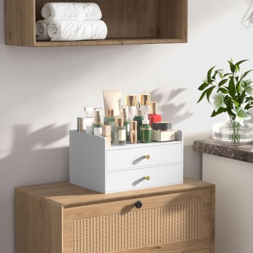 Bamboo Desk Organizer with Drawers,Wooden Desktop Storage(2 Drawers,White)