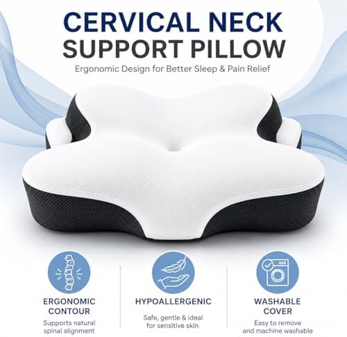 Cervical Neck Pillow for Side Sleepers, Ergonomic Memory Foam Pillow for Neck & Shoulder Pain Relief, Cooling Orthopedic Bed Pillow with Removable Cover