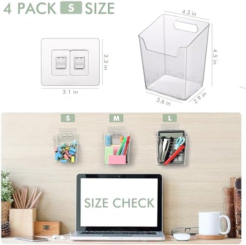 Clear Adhesive Wall Storage Bins, 4 Pack Cabinet Door Organizer Cups(Small)