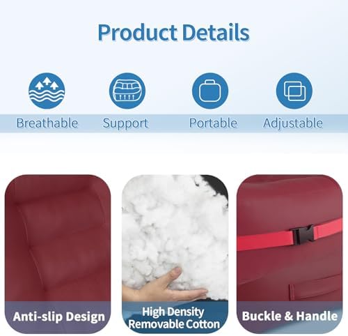 YOUFI Leather Seat Cushion Extra-Thick Booster for Office Chair to Rise Height - Full Filling for Support - with Breathable Cover, Handle and Buckle - Relieves Back Pain – 18"x16"x6" (Red)