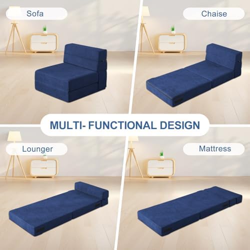 Nigoone Folding Sofa Bed with Pillow Memory Foam Convertible Sleeper Chair Bed Couch Futon Lazy for Living Room Home Office Guest Beds Apartment Upstairs Loft, Single Size, Dark Blue