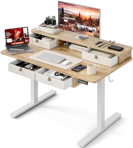 Grandder Electric Standing Desk with Four Drawers, Sit to Stand Up Height Adjustable Desk with Storage Shelf for Home Office, 47 * 28 Inch, Study, Ergonomic Adjustable Computer Desk, Oak