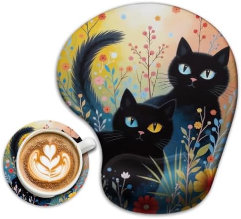 iRudyard 2Pcs Rubber Coasters Washable Mouse Pad Wrist Support Pu Black Cat