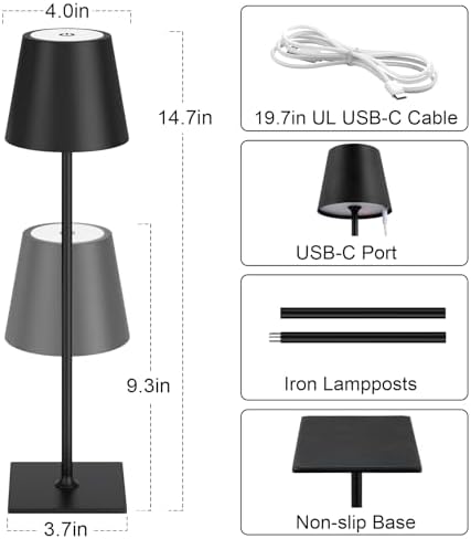 Kakanuo Cordless Rechargeable Table Lamp Black 5000mAh Battery Operated Lamps, 3 Colors Stepless Dimming Touch Lamp for Living Room, Kitchen Counter, Dining, Outdoor Patio, 2 Pack