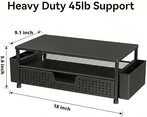ECOLOVI Desk Organizer and Accessories, 2-Tier Computer Monitor Stand Rise with Storage Drawer & 2 Pen Holders, Laptop & Printer Stand for Desktop, Workspace Organizers for Office Supplies (Black Wood)